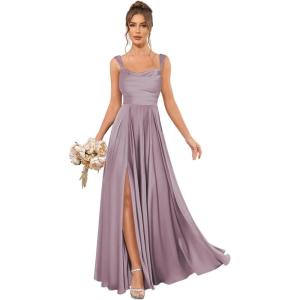 imageSatin Bridesmaid Dresses Long for Women Spaghetti Strap Ruched Prom Formal Dress with Slit with PocketsWisteria