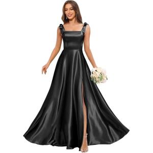 imageSatin Bridesmaid Dresses with Bow Square Neck A Line Formal Evening Dresses Long for WomenBlack