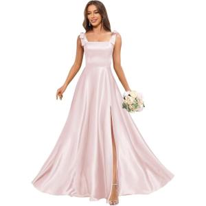 imageSatin Bridesmaid Dresses with Bow Square Neck A Line Formal Evening Dresses Long for WomenBlush