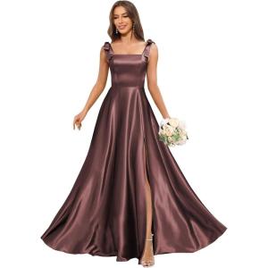 imageSatin Bridesmaid Dresses with Bow Square Neck A Line Formal Evening Dresses Long for WomenBurgundy