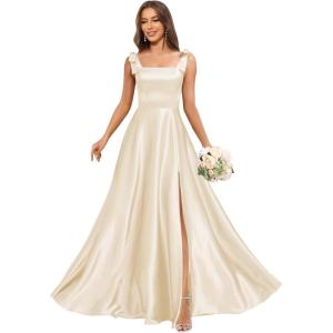 imageSatin Bridesmaid Dresses with Bow Square Neck A Line Formal Evening Dresses Long for WomenChampagne