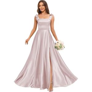 imageSatin Bridesmaid Dresses with Bow Square Neck A Line Formal Evening Dresses Long for WomenDusty Pink