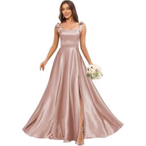 imageSatin Bridesmaid Dresses with Bow Square Neck A Line Formal Evening Dresses Long for WomenDusty Rose