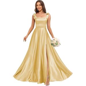 imageSatin Bridesmaid Dresses with Bow Square Neck A Line Formal Evening Dresses Long for WomenGold