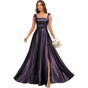 imageSatin Bridesmaid Dresses with Bow Square Neck A Line Formal Evening Dresses Long for WomenGrape