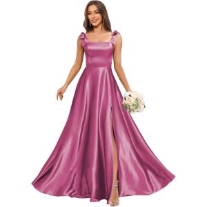 imageSatin Bridesmaid Dresses with Bow Square Neck A Line Formal Evening Dresses Long for WomenMulberry
