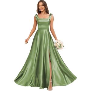 imageSatin Bridesmaid Dresses with Bow Square Neck A Line Formal Evening Dresses Long for WomenOlive Green