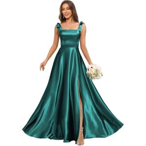 imageSatin Bridesmaid Dresses with Bow Square Neck A Line Formal Evening Dresses Long for WomenPeacock