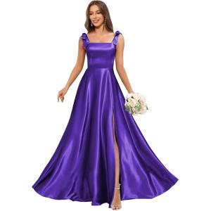 imageSatin Bridesmaid Dresses with Bow Square Neck A Line Formal Evening Dresses Long for WomenPurple