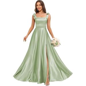 imageSatin Bridesmaid Dresses with Bow Square Neck A Line Formal Evening Dresses Long for WomenSage