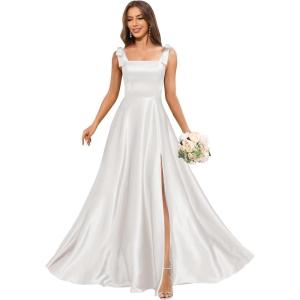 imageSatin Bridesmaid Dresses with Bow Square Neck A Line Formal Evening Dresses Long for WomenSilver