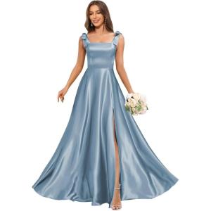 imageSatin Bridesmaid Dresses with Bow Square Neck A Line Formal Evening Dresses Long for WomenSteel Blue