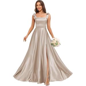 imageSatin Bridesmaid Dresses with Bow Square Neck A Line Formal Evening Dresses Long for WomenTaupe