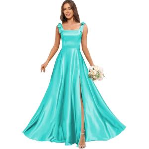 imageSatin Bridesmaid Dresses with Bow Square Neck A Line Formal Evening Dresses Long for WomenTurquoise