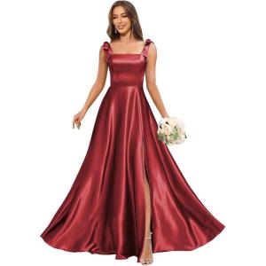 imageSatin Bridesmaid Dresses with Bow Square Neck A Line Formal Evening Dresses Long for WomenWine Red