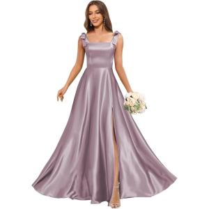 imageSatin Bridesmaid Dresses with Bow Square Neck A Line Formal Evening Dresses Long for WomenWisteria