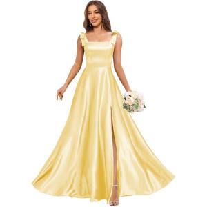 imageSatin Bridesmaid Dresses with Bow Square Neck A Line Formal Evening Dresses Long for WomenYellow