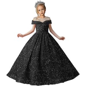 imageSequin Flower Girl Dresses for Wedding Off Shoulder Sparkly Pageant Dress for Girls Ball Gown Kids DressBlack