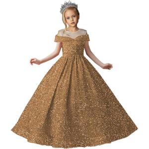 imageSequin Flower Girl Dresses for Wedding Off Shoulder Sparkly Pageant Dress for Girls Ball Gown Kids DressBrown