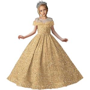 imageSequin Flower Girl Dresses for Wedding Off Shoulder Sparkly Pageant Dress for Girls Ball Gown Kids DressChampagne