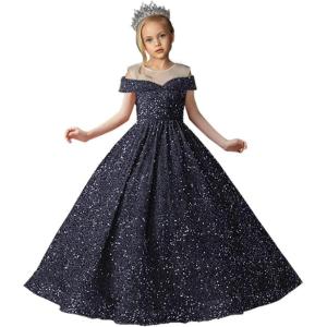 imageSequin Flower Girl Dresses for Wedding Off Shoulder Sparkly Pageant Dress for Girls Ball Gown Kids DressDark Navy