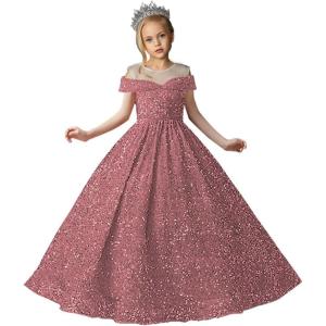 imageSequin Flower Girl Dresses for Wedding Off Shoulder Sparkly Pageant Dress for Girls Ball Gown Kids DressDesert Rose