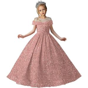 imageSequin Flower Girl Dresses for Wedding Off Shoulder Sparkly Pageant Dress for Girls Ball Gown Kids DressDusty Rose