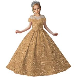 imageSequin Flower Girl Dresses for Wedding Off Shoulder Sparkly Pageant Dress for Girls Ball Gown Kids DressGold