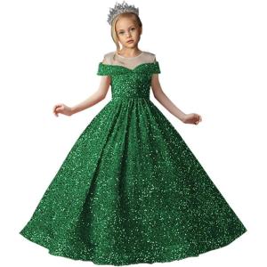 imageSequin Flower Girl Dresses for Wedding Off Shoulder Sparkly Pageant Dress for Girls Ball Gown Kids DressGreen