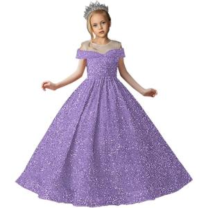 imageSequin Flower Girl Dresses for Wedding Off Shoulder Sparkly Pageant Dress for Girls Ball Gown Kids DressLilac