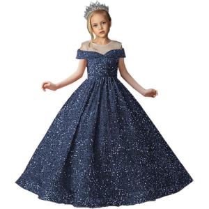 imageSequin Flower Girl Dresses for Wedding Off Shoulder Sparkly Pageant Dress for Girls Ball Gown Kids DressNavy Blue