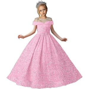 imageSequin Flower Girl Dresses for Wedding Off Shoulder Sparkly Pageant Dress for Girls Ball Gown Kids DressPink