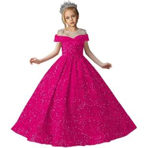 imageSequin Flower Girl Dresses for Wedding Off Shoulder Sparkly Pageant Dress for Girls Ball Gown Kids DressRose Red