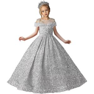 imageSequin Flower Girl Dresses for Wedding Off Shoulder Sparkly Pageant Dress for Girls Ball Gown Kids DressSilver