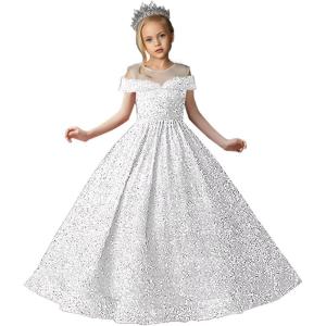 imageSequin Flower Girl Dresses for Wedding Off Shoulder Sparkly Pageant Dress for Girls Ball Gown Kids DressWhite