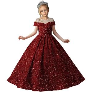 imageSequin Flower Girl Dresses for Wedding Off Shoulder Sparkly Pageant Dress for Girls Ball Gown Kids DressWine Red