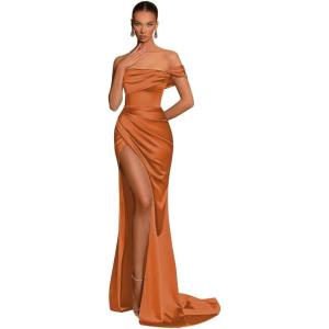 imageSilk Satin Bridesmaid Dresses One Shoulder Mermaid Prom Dress Ruched Formal Party Dress with SlitBurnt Orange