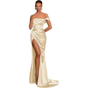 imageSilk Satin Bridesmaid Dresses One Shoulder Mermaid Prom Dress Ruched Formal Party Dress with SlitChampagne