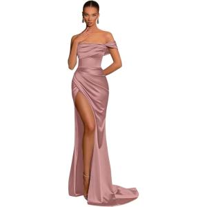 imageSilk Satin Bridesmaid Dresses One Shoulder Mermaid Prom Dress Ruched Formal Party Dress with SlitDusty Rose