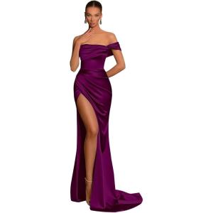 imageSilk Satin Bridesmaid Dresses One Shoulder Mermaid Prom Dress Ruched Formal Party Dress with SlitFuchsia
