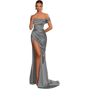 imageSilk Satin Bridesmaid Dresses One Shoulder Mermaid Prom Dress Ruched Formal Party Dress with SlitGrey