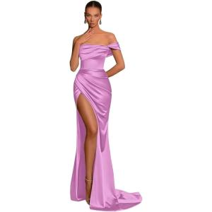 imageSilk Satin Bridesmaid Dresses One Shoulder Mermaid Prom Dress Ruched Formal Party Dress with SlitLilac