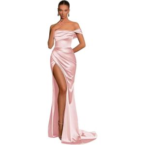 imageSilk Satin Bridesmaid Dresses One Shoulder Mermaid Prom Dress Ruched Formal Party Dress with SlitPink
