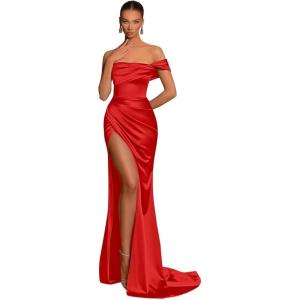 imageSilk Satin Bridesmaid Dresses One Shoulder Mermaid Prom Dress Ruched Formal Party Dress with SlitRed