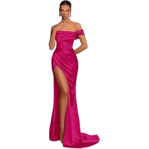 imageSilk Satin Bridesmaid Dresses One Shoulder Mermaid Prom Dress Ruched Formal Party Dress with SlitRose Red