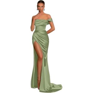 imageSilk Satin Bridesmaid Dresses One Shoulder Mermaid Prom Dress Ruched Formal Party Dress with SlitSage Green