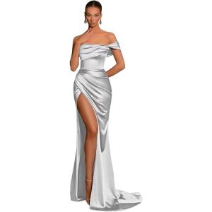 imageSilk Satin Bridesmaid Dresses One Shoulder Mermaid Prom Dress Ruched Formal Party Dress with SlitSilver