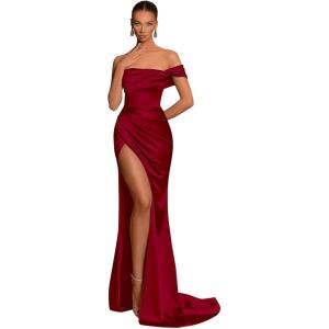 imageSilk Satin Bridesmaid Dresses One Shoulder Mermaid Prom Dress Ruched Formal Party Dress with SlitWine Red