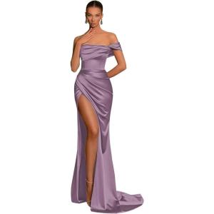 imageSilk Satin Bridesmaid Dresses One Shoulder Mermaid Prom Dress Ruched Formal Party Dress with SlitWisteria