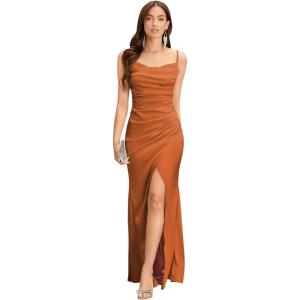 imageSpaghetti Straps Mermaid Prom Dress Long Silk Satin Bridesmaid Dresses for Wedding Cowl Neck Formal Gowns with SlitBurnt Orange